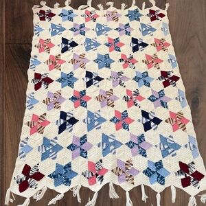 Vintage Handmade Crochet Star Motif Blanket Afghan Boho Tassel Fringe Throw